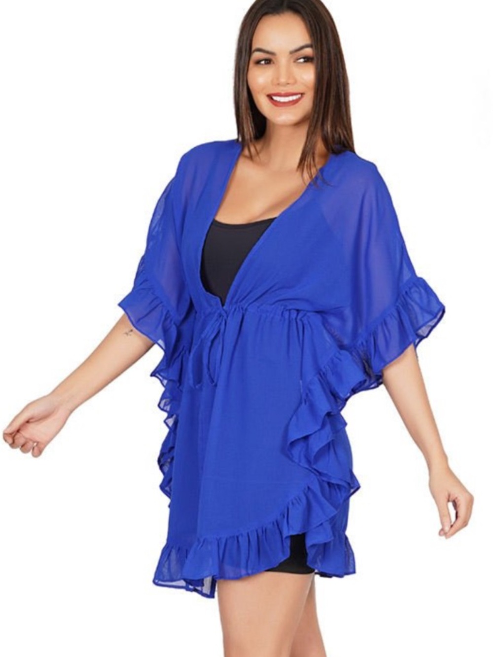 Club Z Collection Blue Kaftan Ruffle Swimsuit Cover-Up Beach Dress O/S